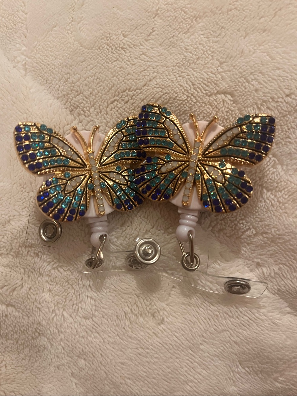 Gold Butterfly Rhinestone Badge Reel - Blue/Teal